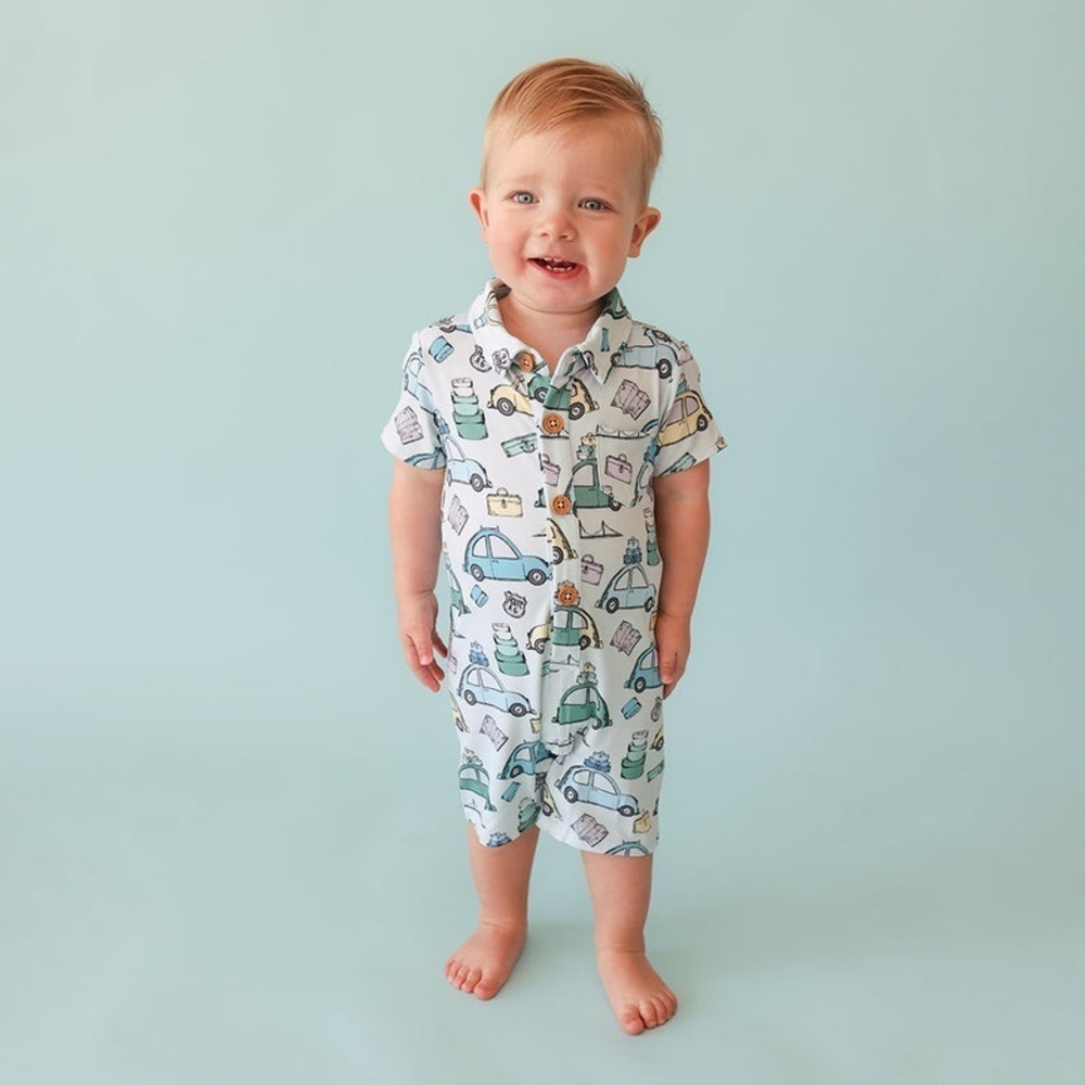 Posh Peanut Travel Bug limited edition Collared Henley Shortall Romper 9-12 mos